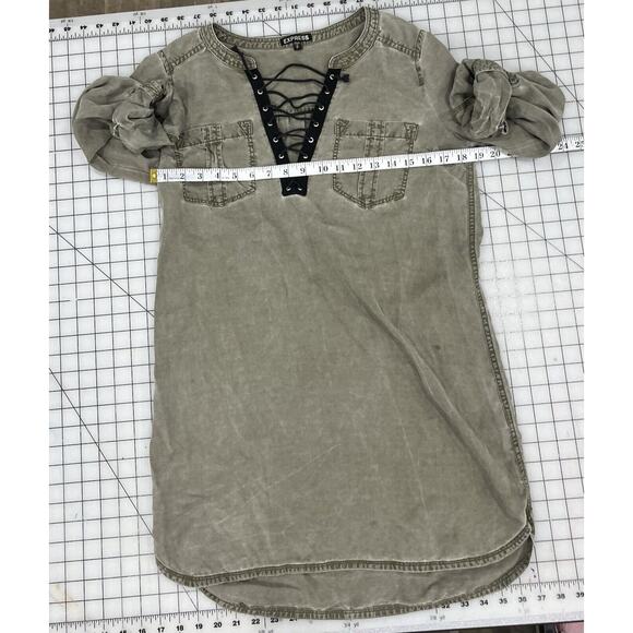 Express Short Dress Green Laced Neckline 3/4 Sleeve Cuffed Pockets Medium I9 - Picture 8 of 12